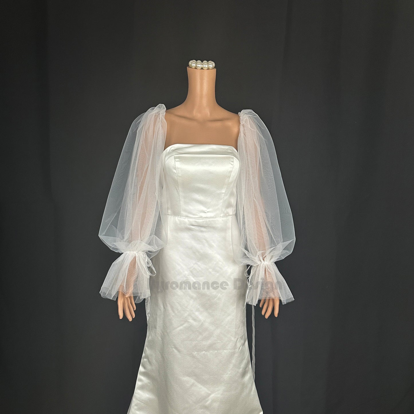 Off shoulder tulle ribbon tie up detach sleeve for wedding dress
