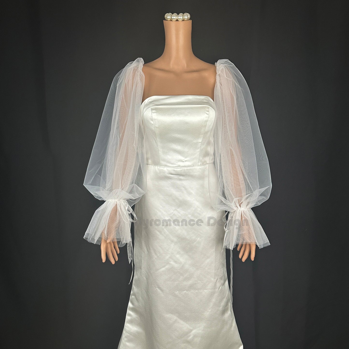 Off shoulder tulle ribbon tie up detach sleeve for wedding dress