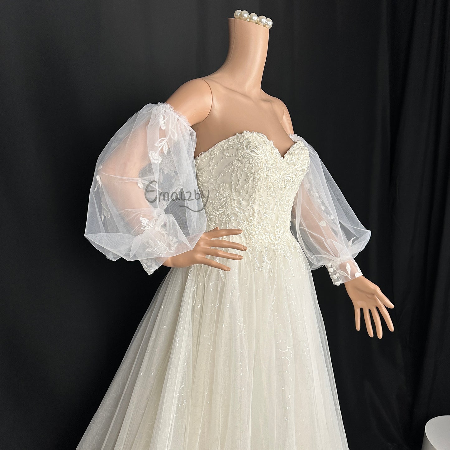 EMALZBY Dream wedding sheer tulle boho detach wedding dress sleeve BYRD71-1