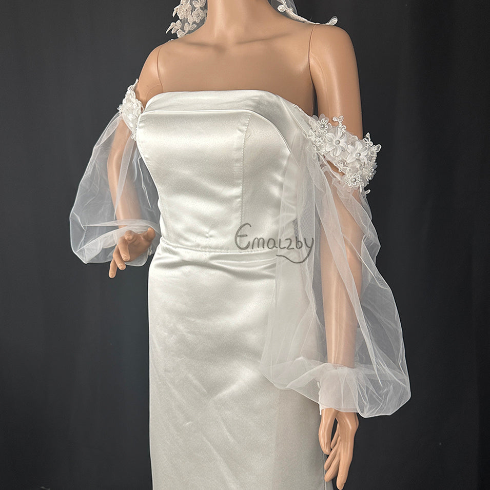 EMALZBY 3d flower pearl detachable sleeves for wedding dress,remocable tulle sleeves for bridal BYRD108