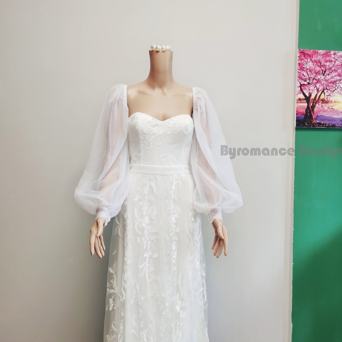Off shoulder tulle detach sleeve for wedding dress
