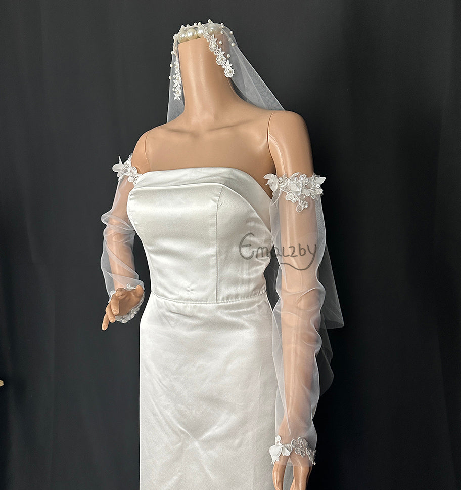 EMALZBY 3DLong Lace Fingerless Gloves, Detachable Wedding Lace Sleeves ,Bridal Gloves, Elbow length arm sleeve
