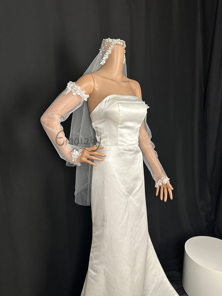 EMALZBY 3DLong Lace Fingerless Gloves, Detachable Wedding Lace Sleeves ,Bridal Gloves, Elbow length arm sleeve