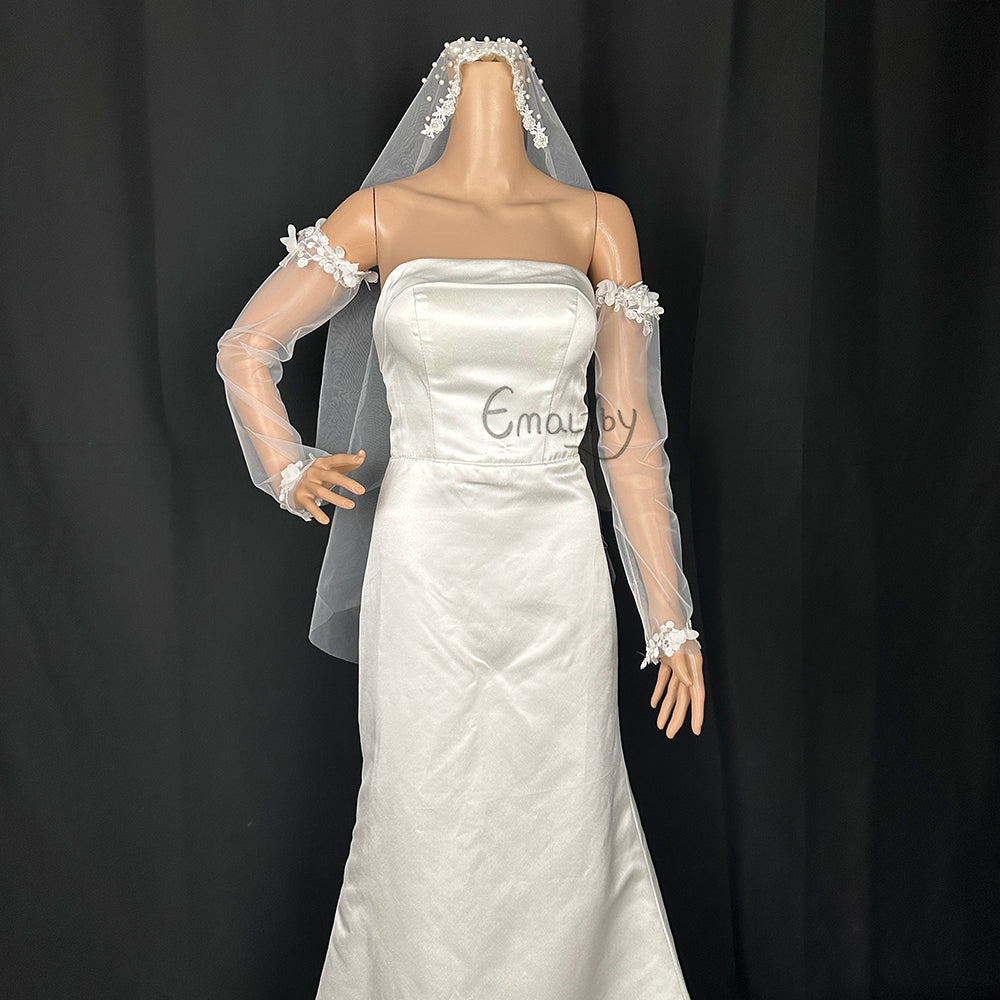 EMALZBY 3DLong Lace Fingerless Gloves, Detachable Wedding Lace Sleeves ,Bridal Gloves, Elbow length arm sleeve