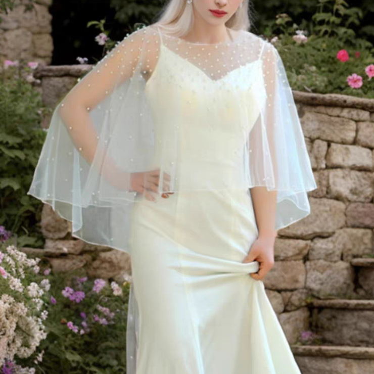 EMALZBY Customized pearl-tulle Top,wedding dress topper,bridal gown bolero BYRDVG27B06