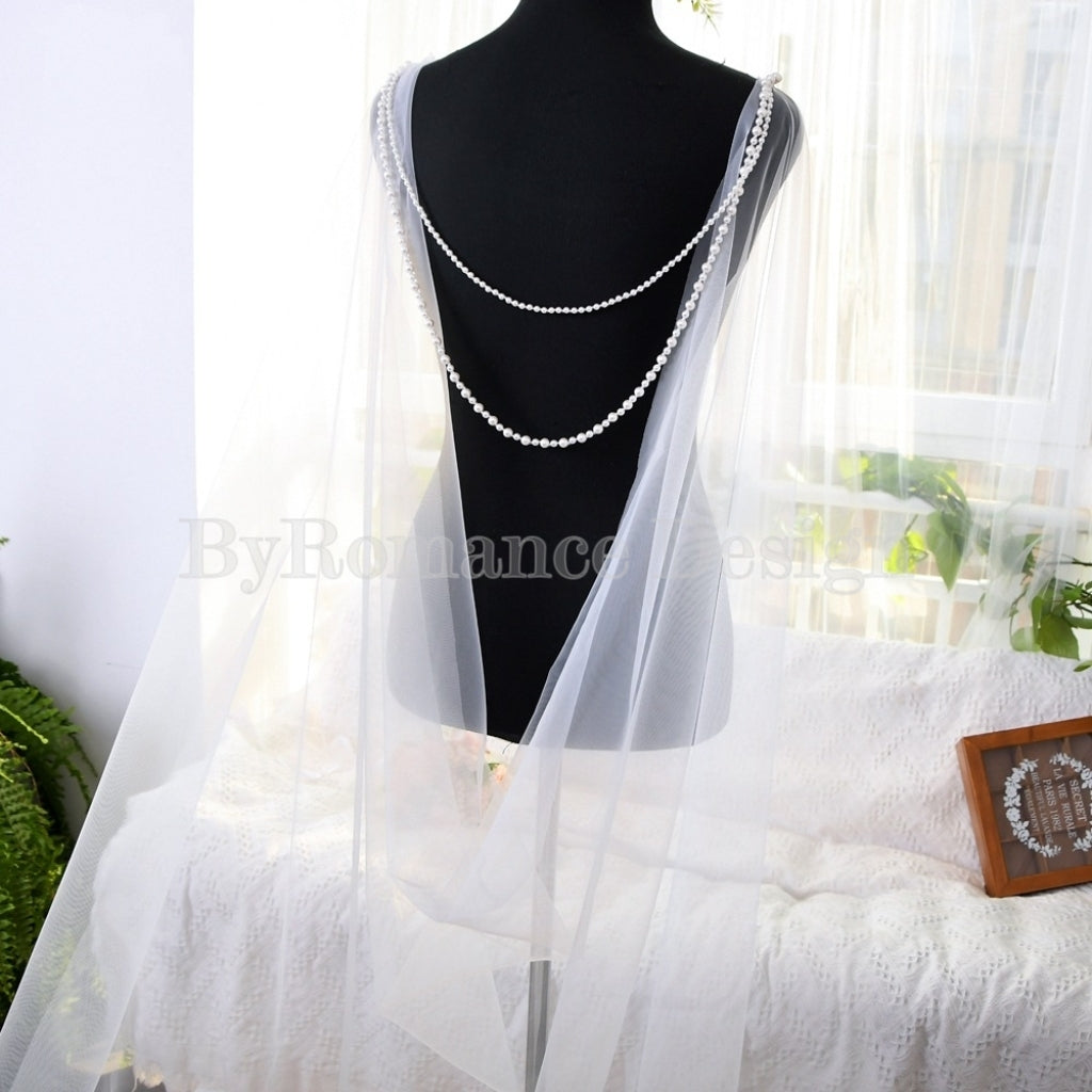 pearl chain ornament long wedding dress cap ,tulle cape