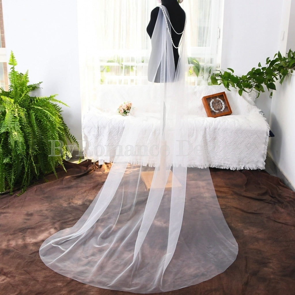 pearl chain ornament long wedding dress cap ,tulle cape