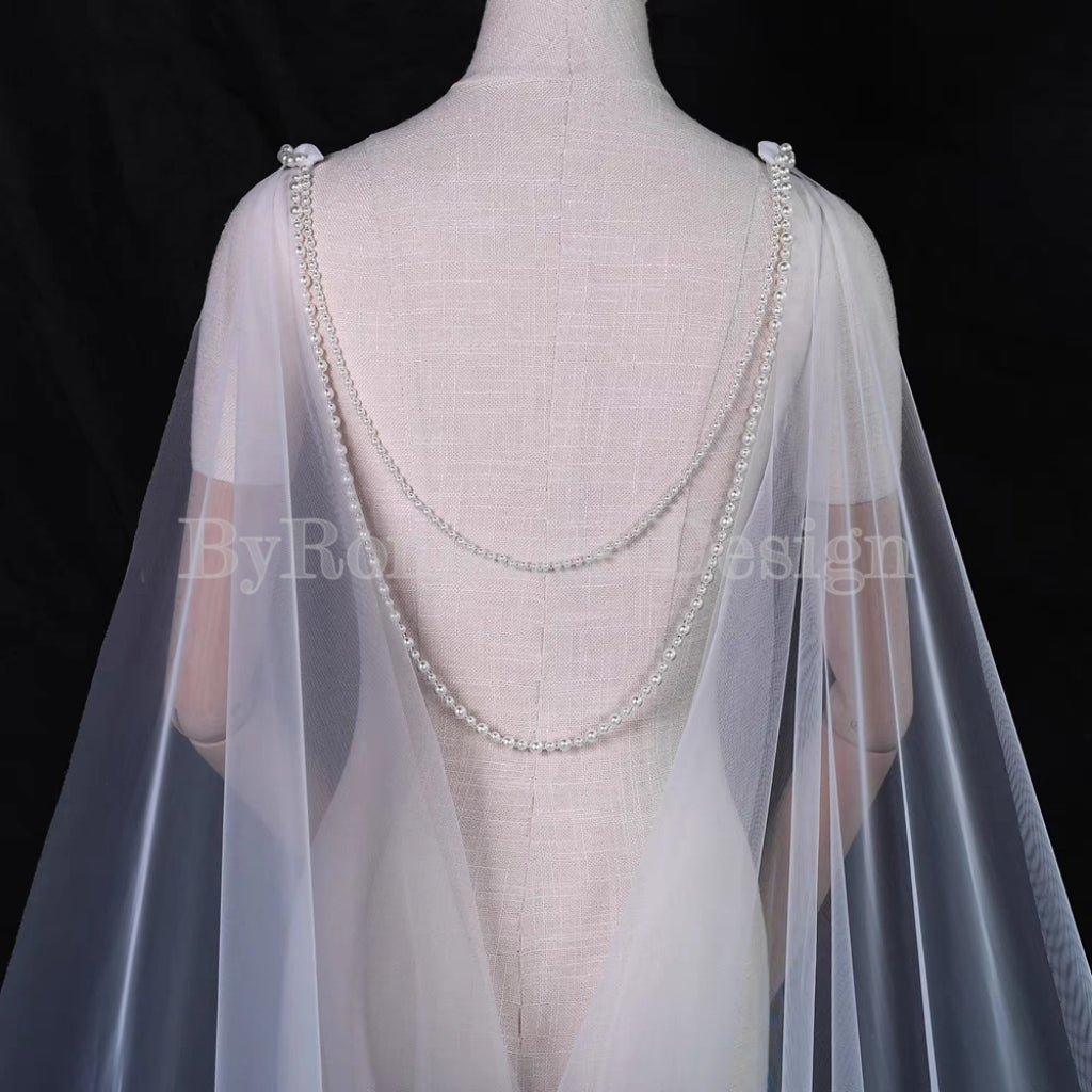 pearl chain ornament long wedding dress cap ,tulle cape