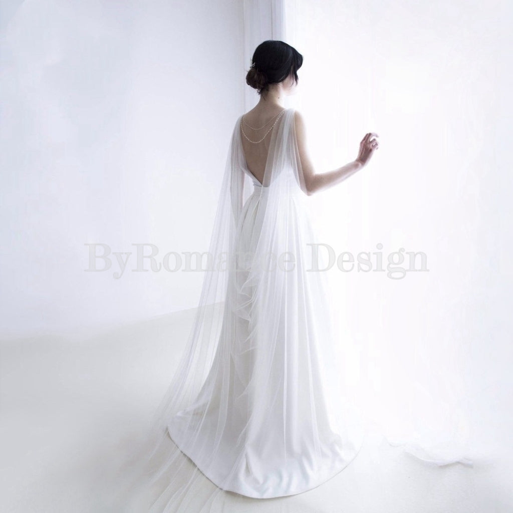 pearl chain ornament long wedding dress cap ,tulle cape
