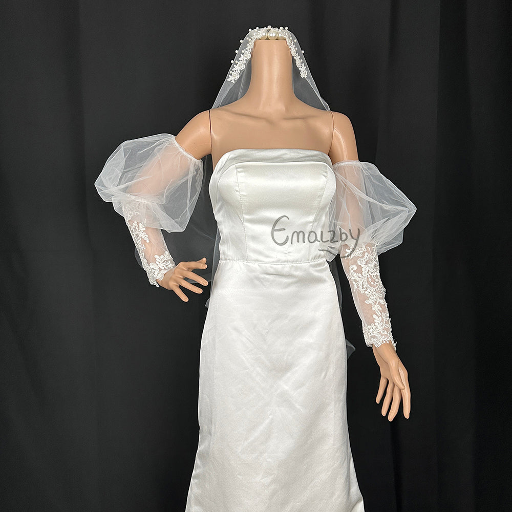long tulle lace embroidery puff removable bridal sleeve for wedding , wedding day bridal sleeve,detached lace wedding sleeve BYRDSL82