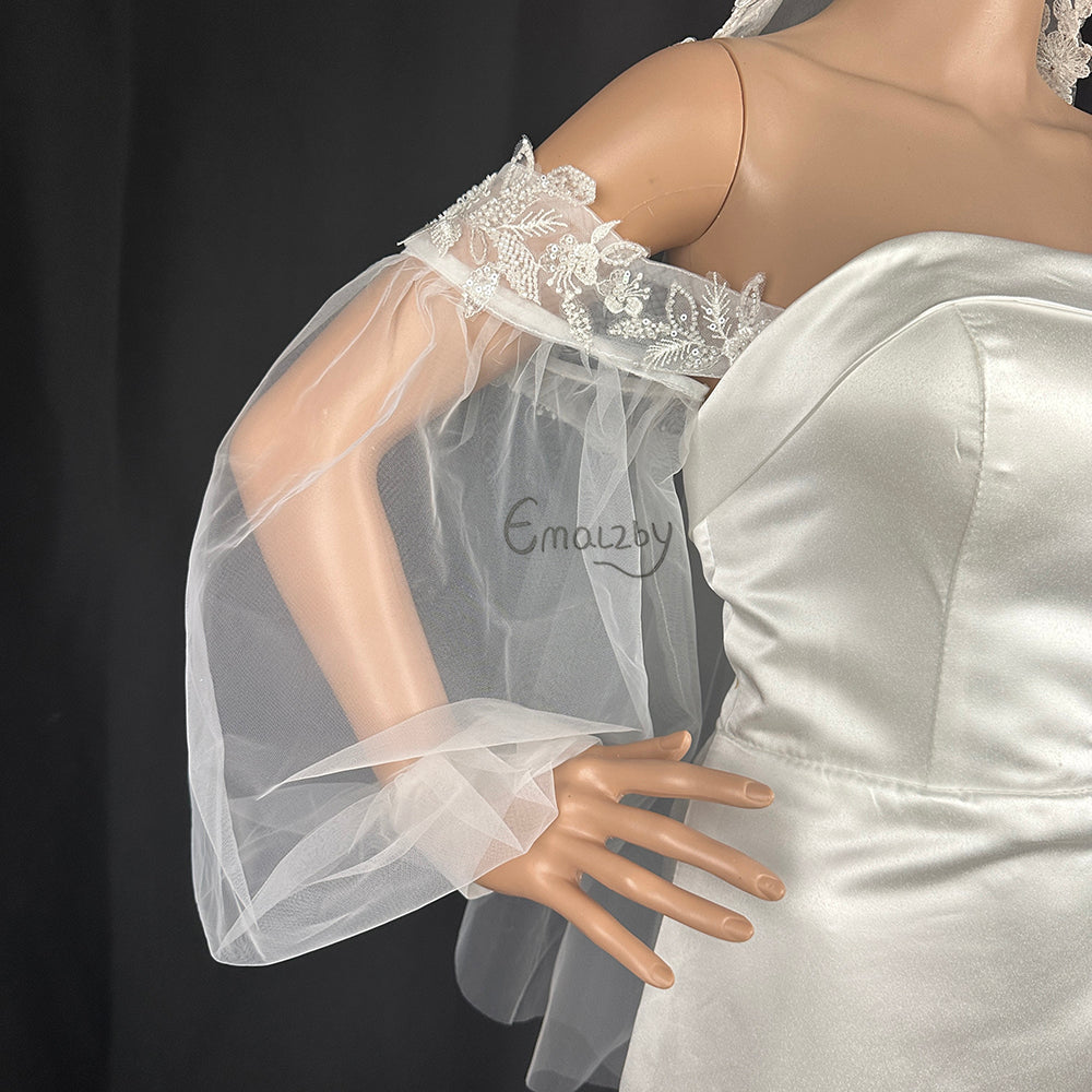 EMALZBY beaded embroidery detachable sleeves for wedding dress,detach tulle sleeves for bridal BYRD109