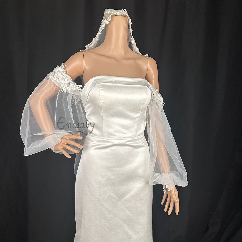 EMALZBY 3d flower pearl detachable sleeves for wedding dress,remocable tulle sleeves for bridal BYRD108