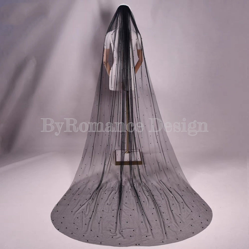 handmade pearl black tulle wedding brial veil