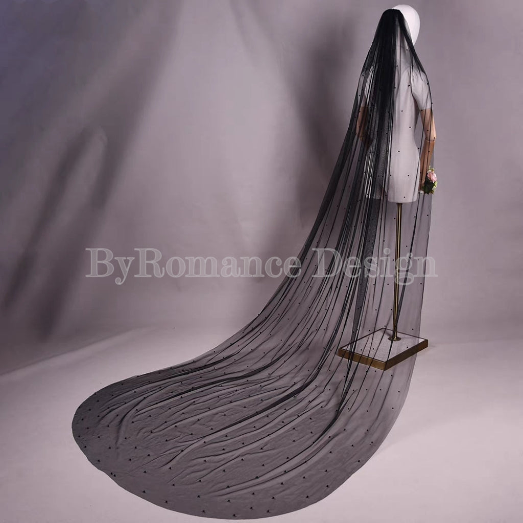 handmade pearl black tulle wedding brial veil