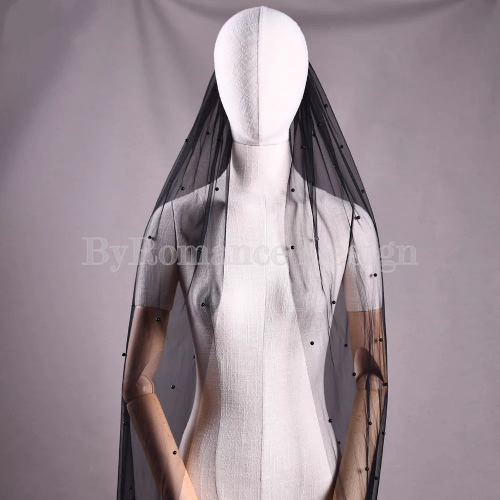 handmade pearl black tulle wedding brial veil