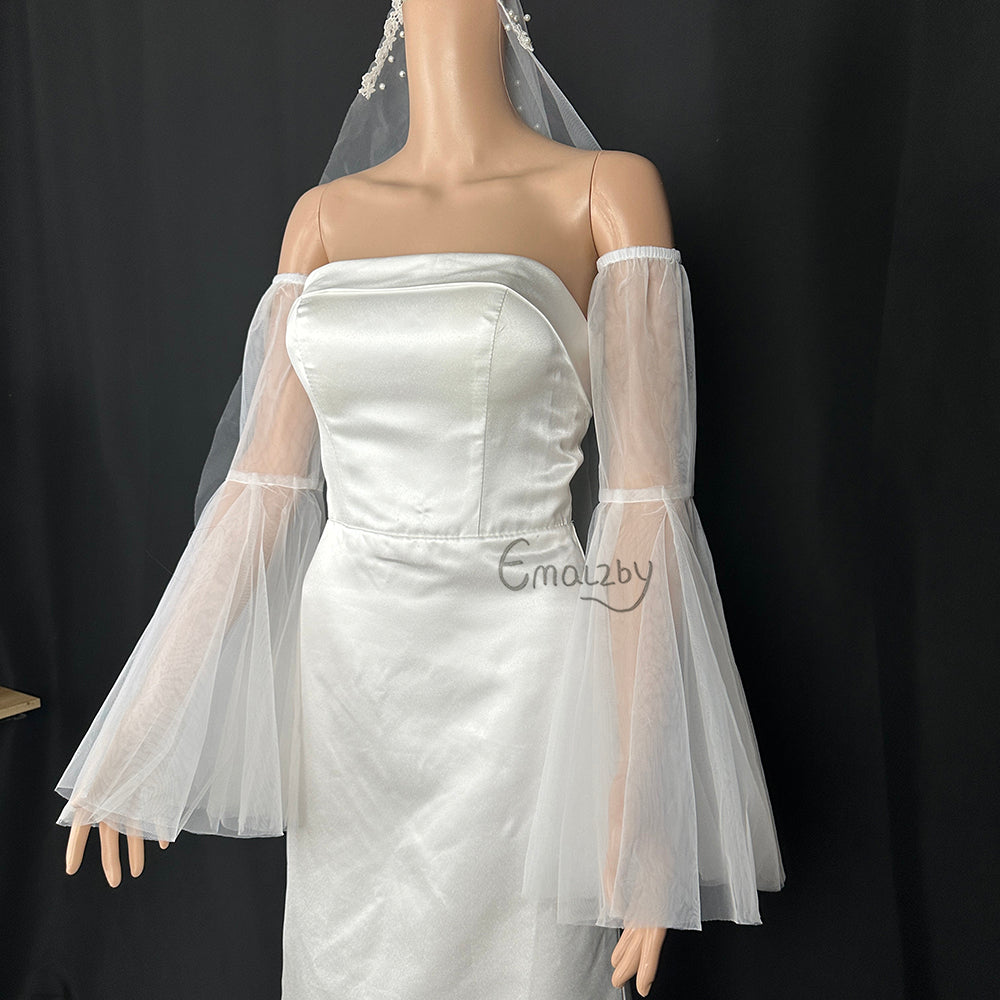 classic sheer tulle bridal bell long sleeves for wedding dress,detachable bridal sleeves BYRDSL83