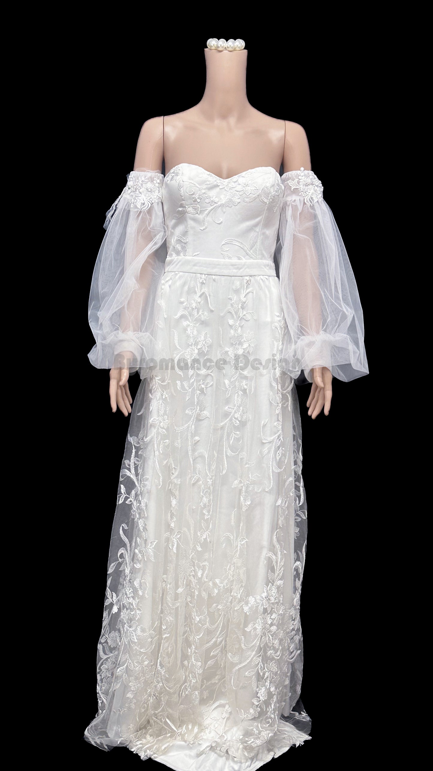 Long Boho beaded tulle detach wedding sleeve, crystal bridal sleeve