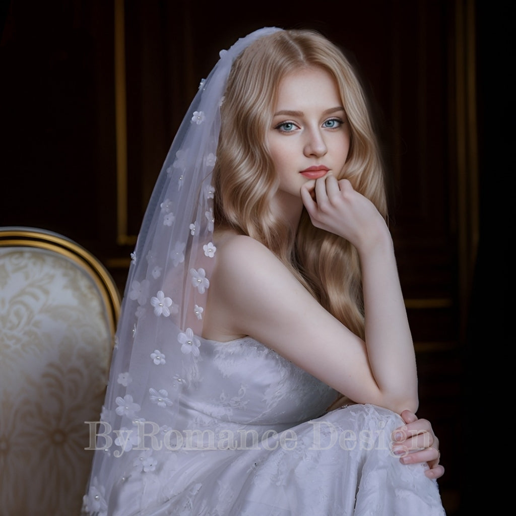handmade 3D pearl flower tulle wedding veil