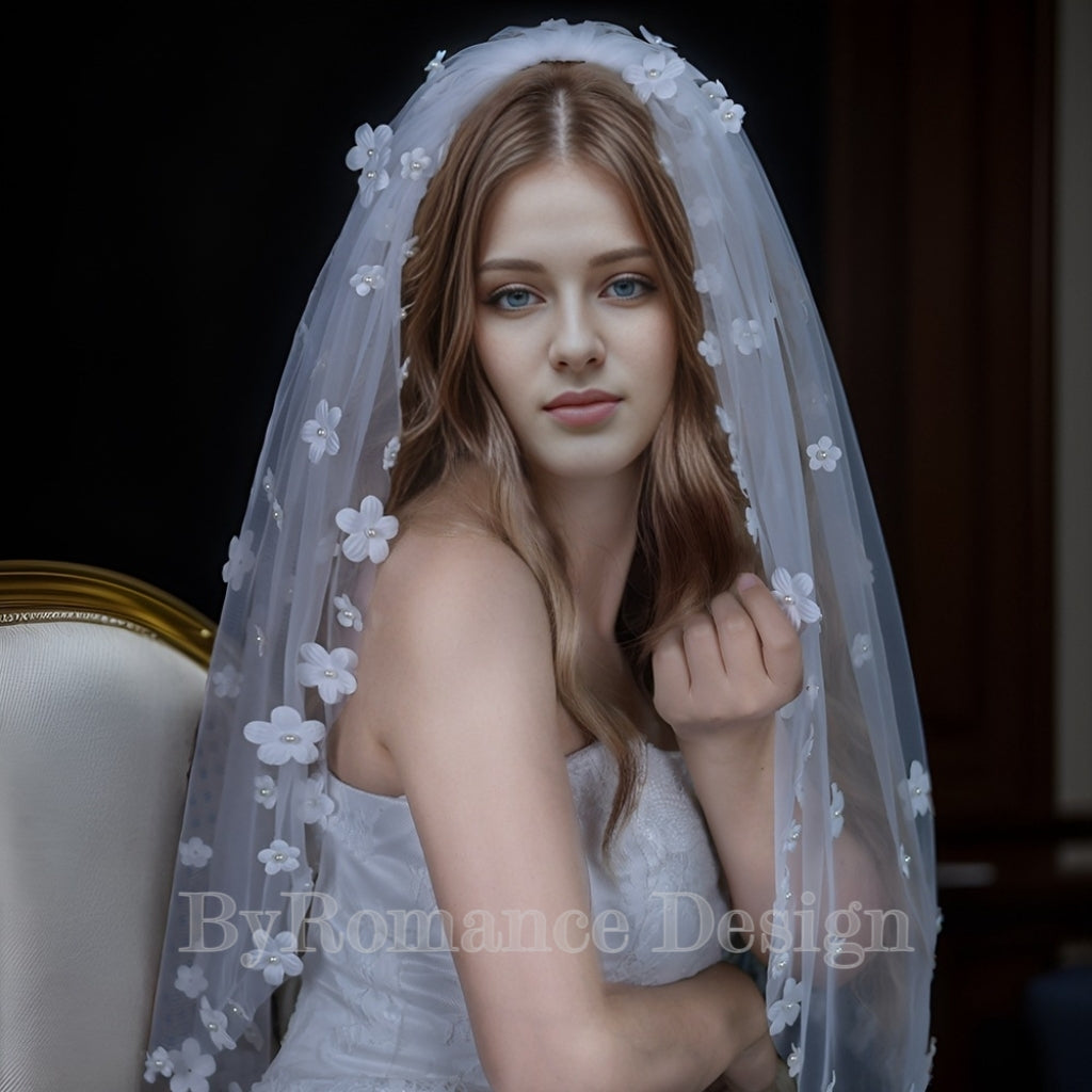 handmade 3D pearl flower tulle wedding veil