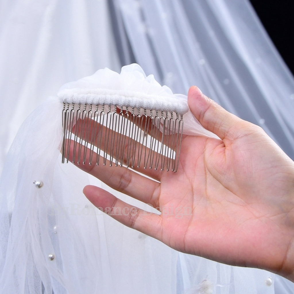 handmade pearl tulle wedding veil