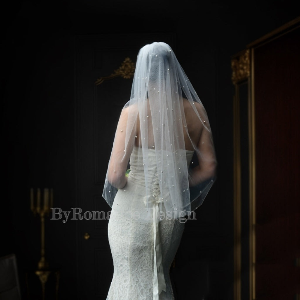 handmade pearl tulle wedding veil