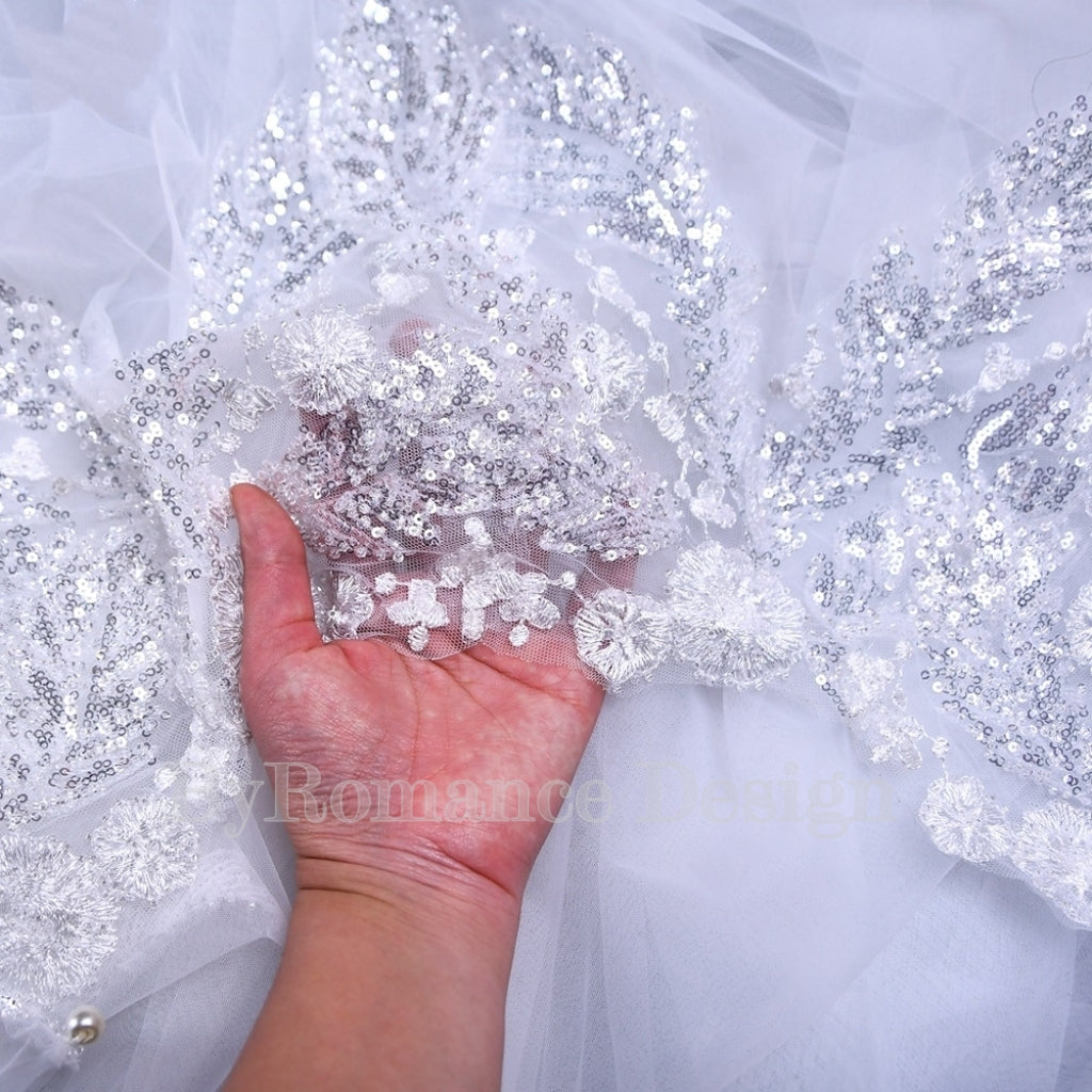 Handmade sequin embroidered lace trailing shawl, bridal wedding cape,long tulle