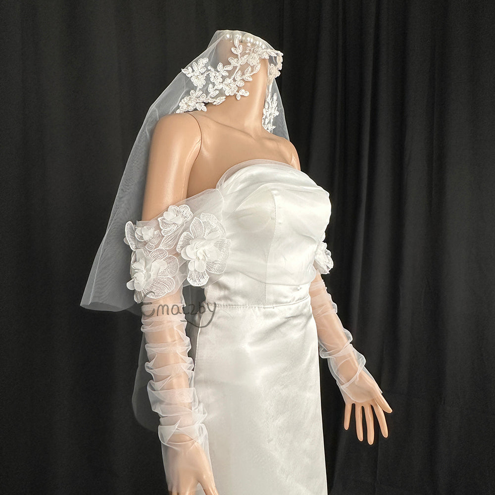 Bridal Pearl Lux Bridal Sheer Tulle topper with Long Sleeves. Modern Bridal Top BYRSWP51