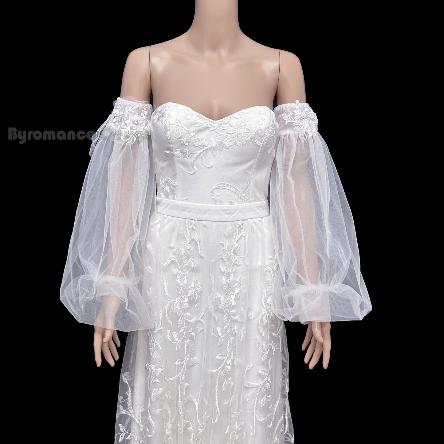Long Boho beaded tulle detach wedding sleeve, crystal bridal sleeve
