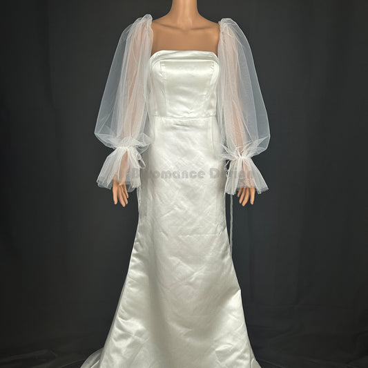 Off shoulder tulle ribbon tie up detach sleeve for wedding dress