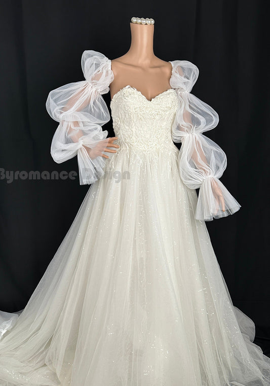 Puff Wedding Sleeves, Long Tulle Fingerless Wedding Gloves,Bridal Gloves, Custom sleeves