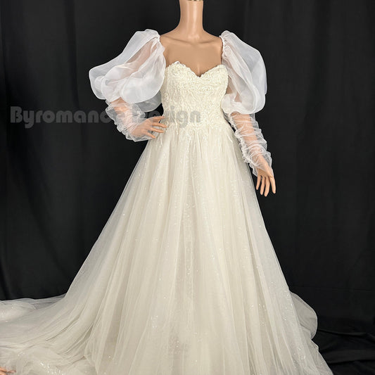 EMALZBY  Off shoulder oganza puffy ball  detach bridal sleeve for wedding dress