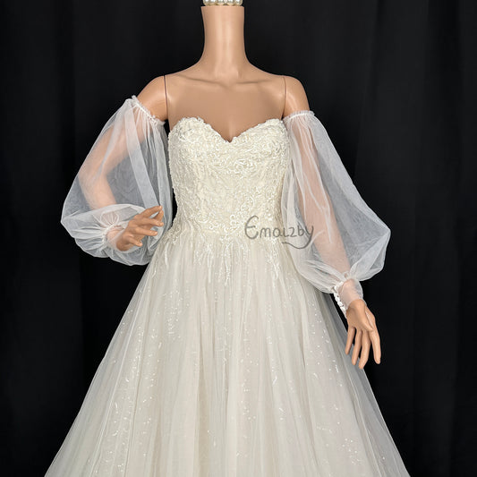 EMALZBY wedding dress sheer tulle wedding sleeve, button up style detach bridal sleeve