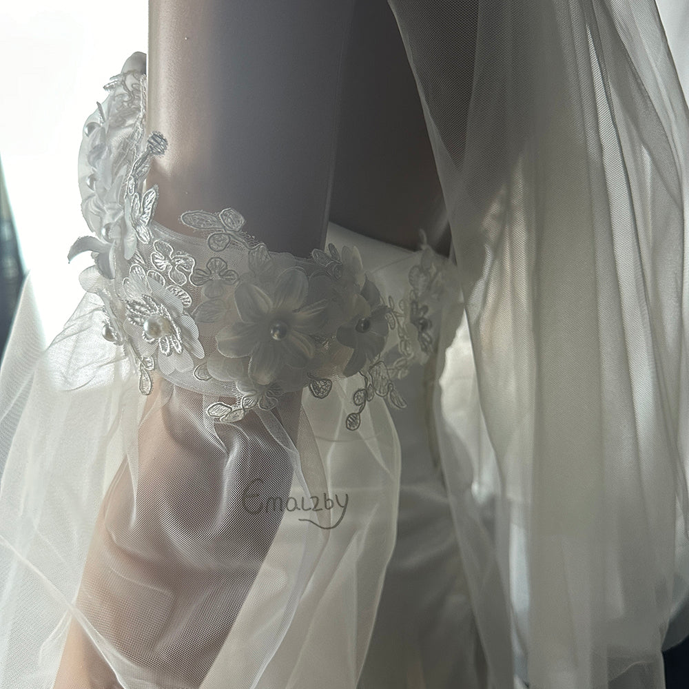 EMALZBY 3d flower pearl detachable sleeves for wedding dress,remocable tulle sleeves for bridal BYRD108
