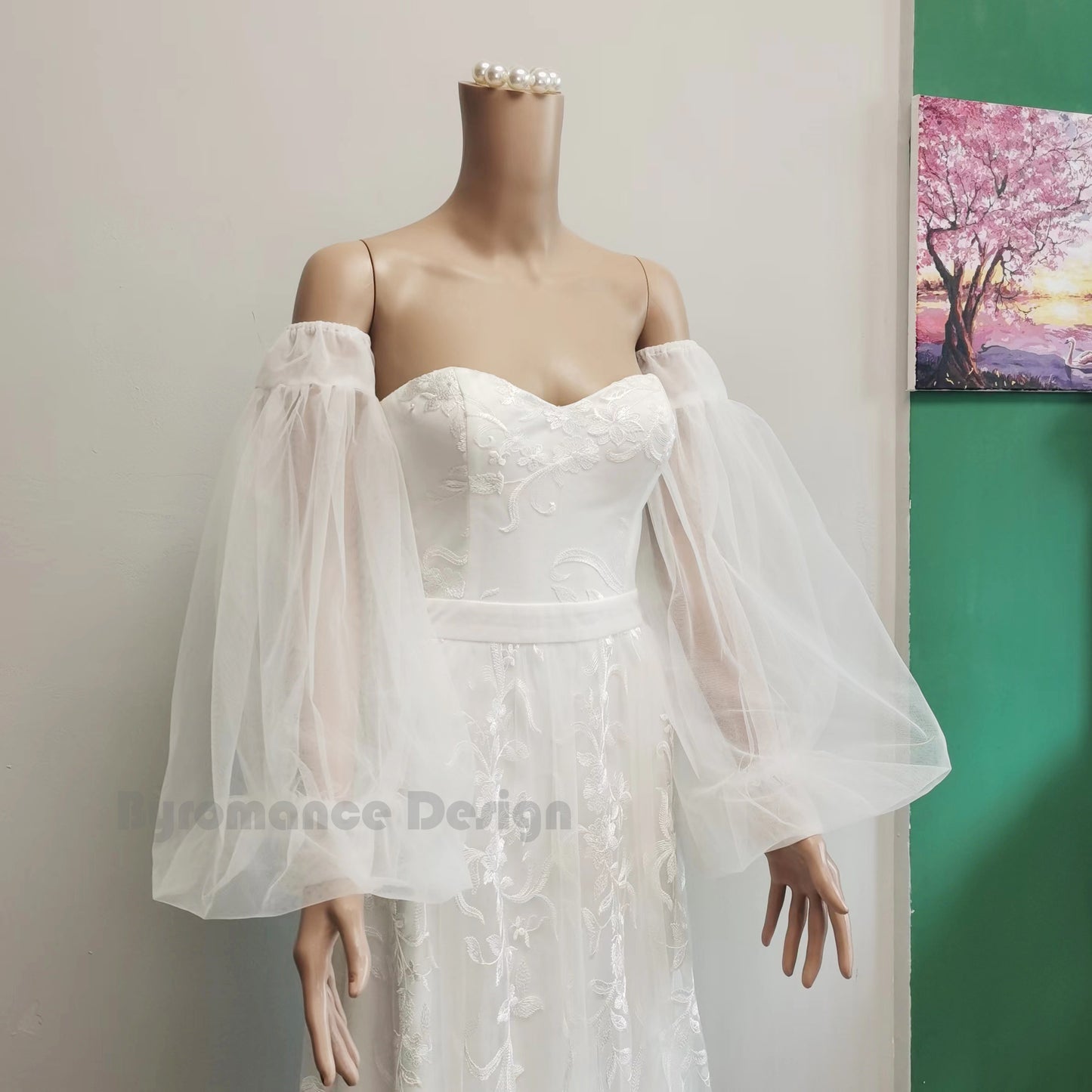 long sheer tulle detach sleeve for wedding dress