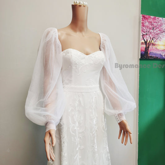 Off shoulder tulle detach sleeve for wedding dress