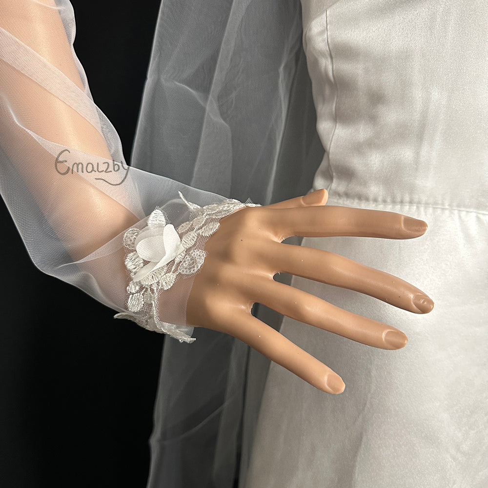 EMALZBY 3DLong Lace Fingerless Gloves, Detachable Wedding Lace Sleeves ,Bridal Gloves, Elbow length arm sleeve