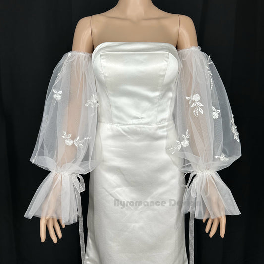 EMALZBY Boho tulle detach wedding sleeve, bridal sleeve ,wedding dress sleeves with ribbon BYRDSL47