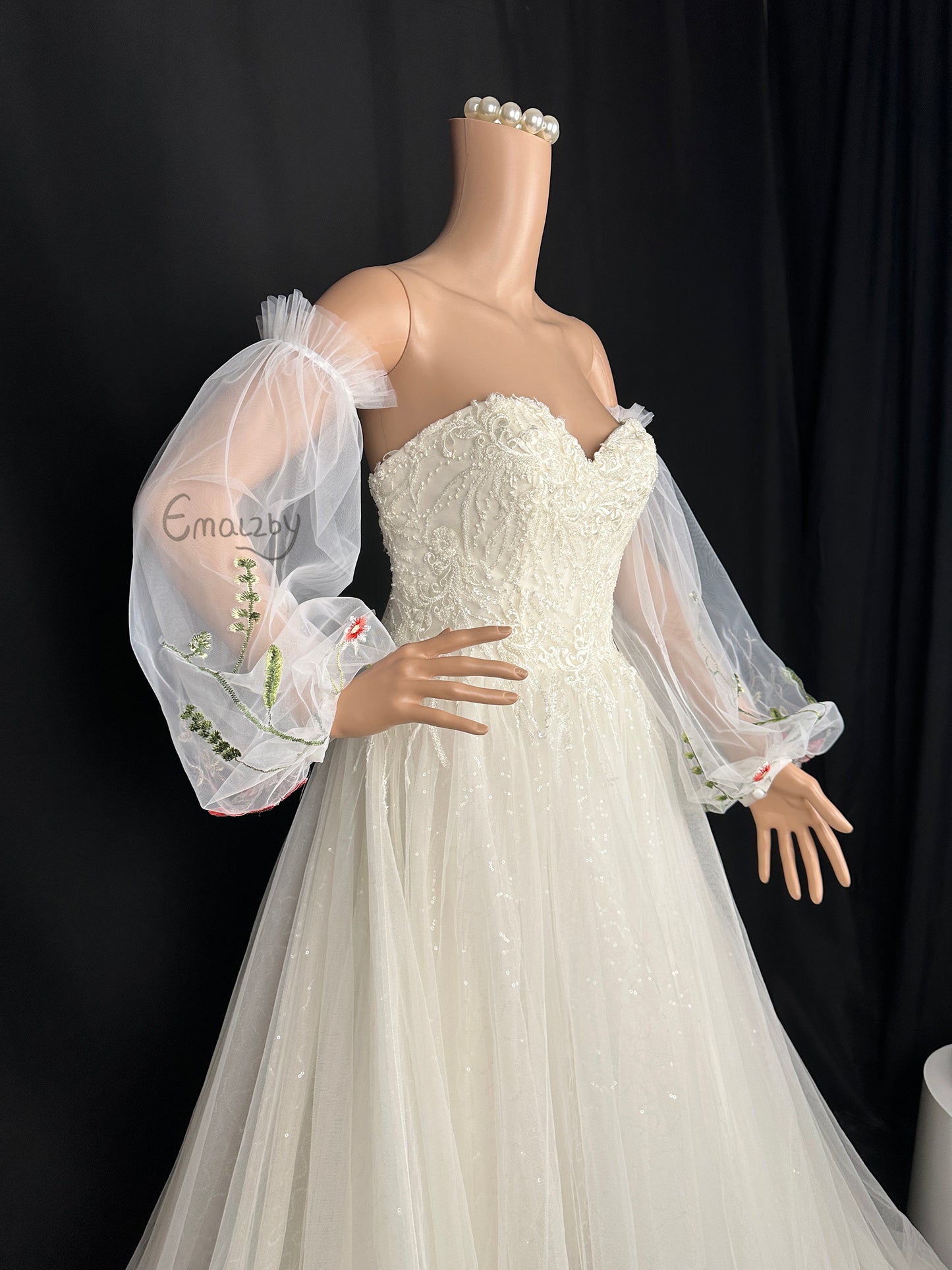 EMALZBY flower sleeve design,tulle puffy long wedding sleeve ,princess garden flower series detach wedding sleeve,wedding dress