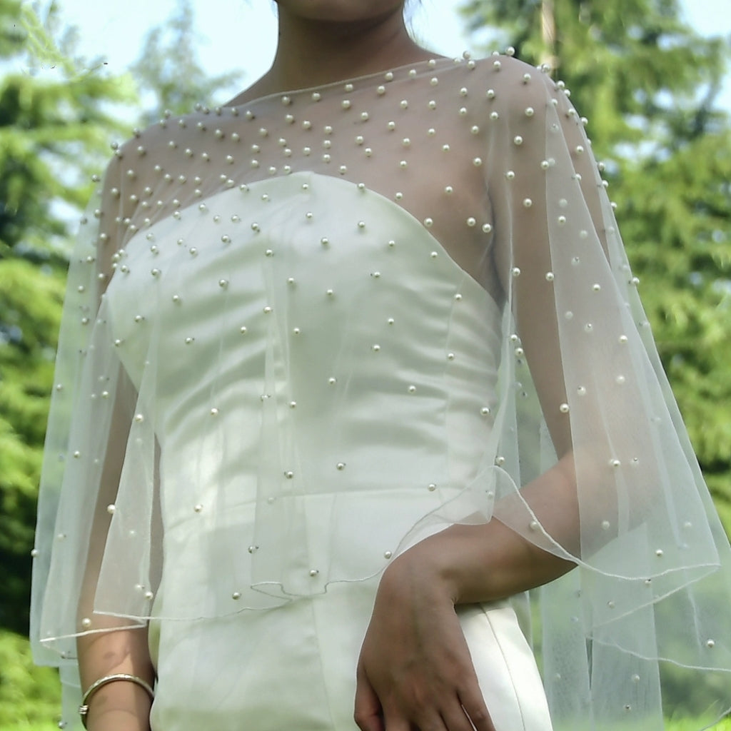 EMALZBY Customized pearl-tulle Top,wedding dress topper,bridal gown bolero BYRDVG27B06