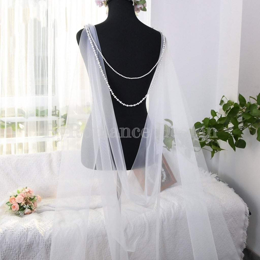 pearl chain ornament long wedding dress cap ,tulle cape