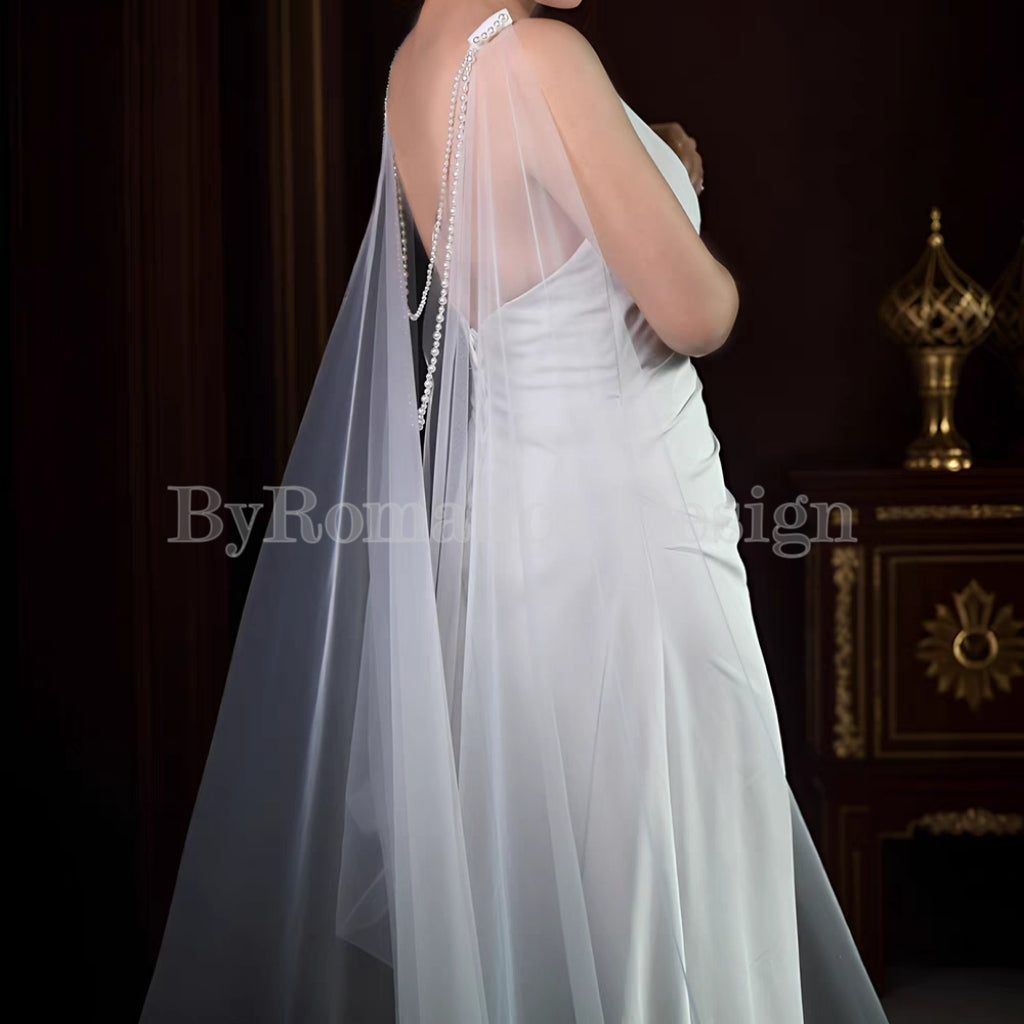 pearl chain ornament long wedding dress cap ,tulle cape