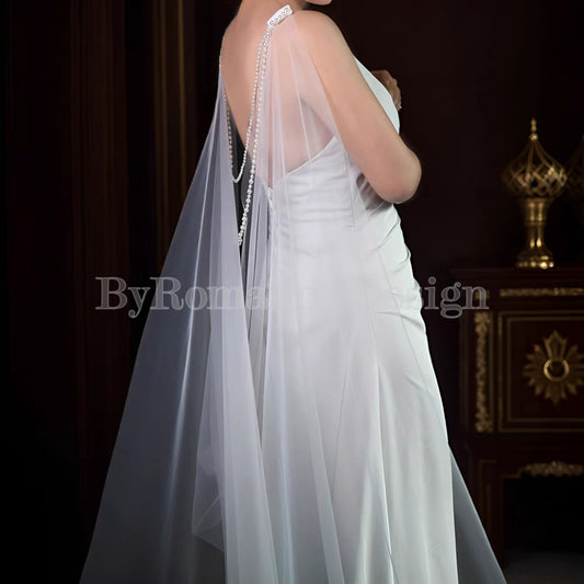 pearl chain ornament long wedding dress cap ,tulle cape