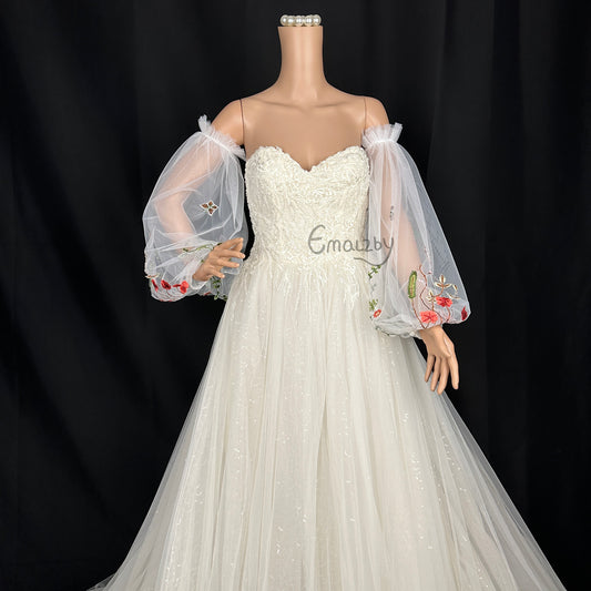 EMALZBY flower sleeve design ,flower wedding bridal sleeve,detach bridal sleeve, detachable sleeve for wedding dress