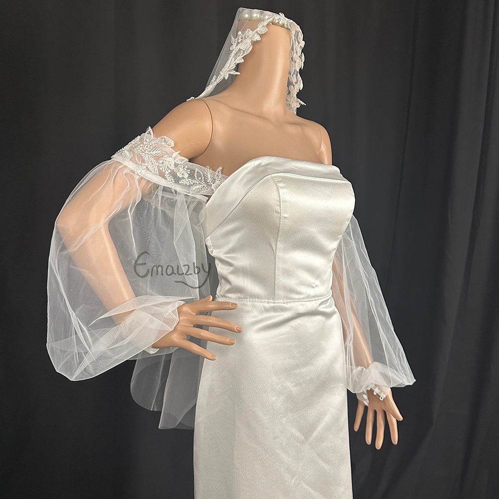 EMALZBY beaded embroidery detachable sleeves for wedding dress,detach tulle sleeves for bridal BYRD109
