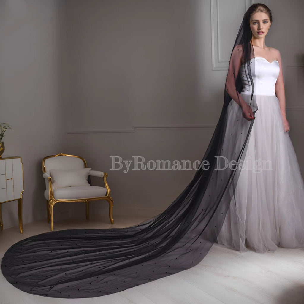 handmade pearl black tulle wedding brial veil