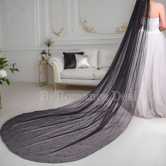 handmade pearl black tulle wedding brial veil