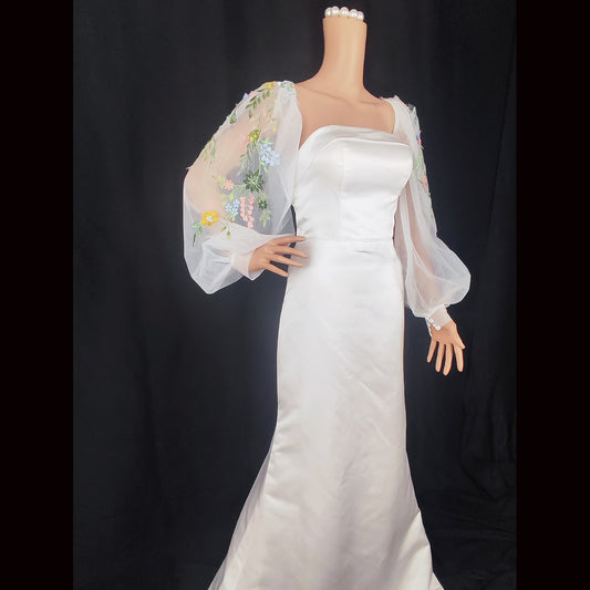 EMALZBY flower sleeve design,wildflower long puff detachable sleeves for wedding dress, off white tulle sleeves BYRDSL107