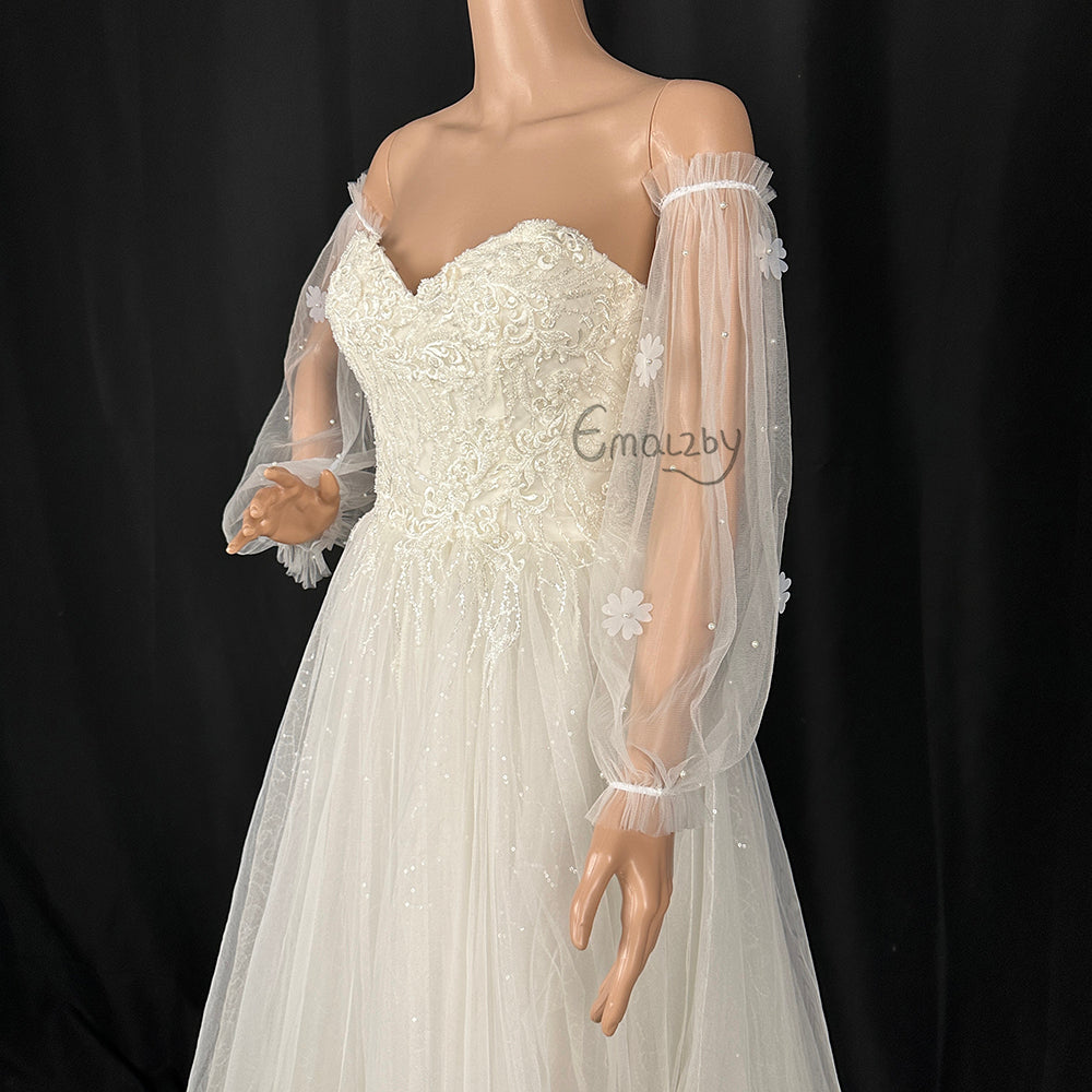 EMALZBY customized spring series flower pearl removable wedding sleeves,detach sleeves for wedding dress pea BYRD01