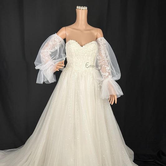 EMALZBY BOHO sheer tulle detach ribbon wedding dress sleeve for bridal