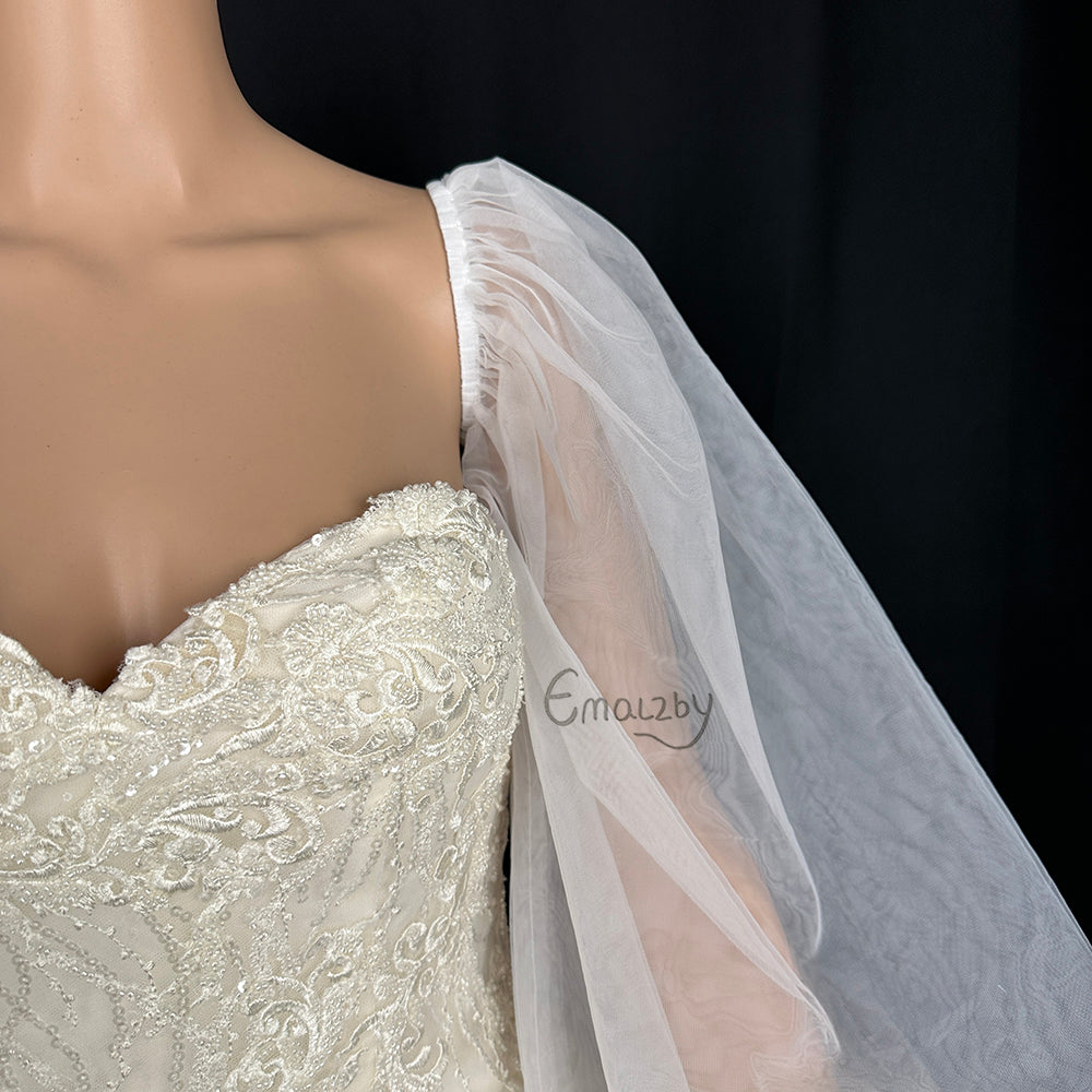 Puff Pearl Bridal Sleeves Wedding Gown Sleeves Removable Dress Sleeves Detachable Sleeves Puff Satin Sleeves tulle fingerless mittens